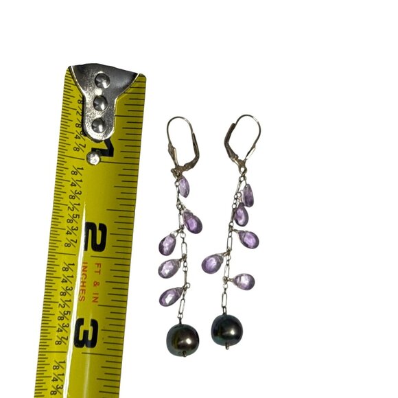 Amethyst Drop Dangle Earrings with Black Pearl Accents for Women - Picture 2 of 6